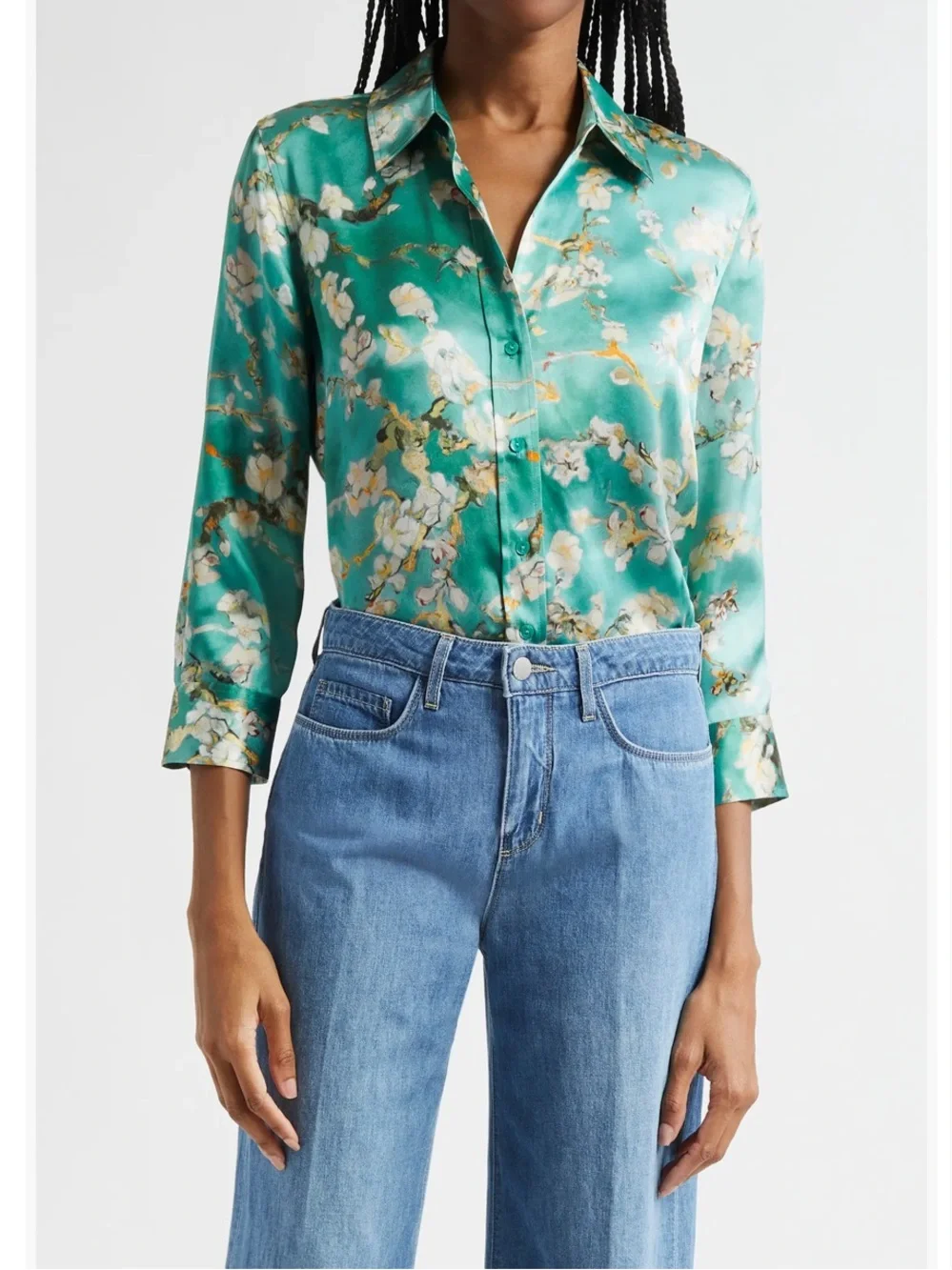 L’AGENCE Dani Cherry Blossom Print 100% Silk Button-Up Shirt Sz XL - Picture 3 of 9